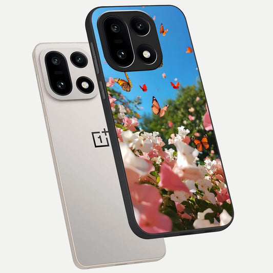 Butterflies In Bloom Sky phone case For Oneplus 15 showing premium glass back cover with detailed artwork