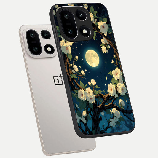 Celestial Moon And Flower phone case For Oneplus 15 showing premium glass back cover with detailed artwork