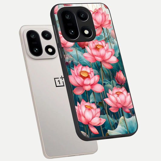 Celestial Pink Lotus phone case For Oneplus 15 showing premium glass back cover with detailed artwork