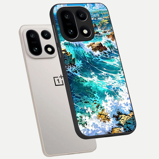 Coastal Blue Waves phone case For Oneplus 15 showing premium glass back cover with detailed artwork