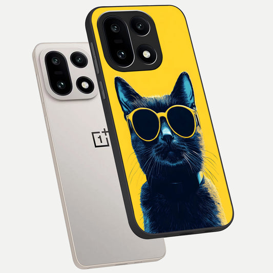 Cool Cat Vibes phone case For Oneplus 15 showing premium glass back cover with detailed artwork
