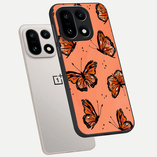 Coral Wing Butterfly phone case For Oneplus 15 showing premium glass back cover with detailed artwork