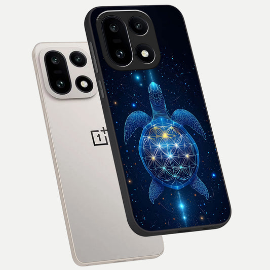 Crimson Blue Turtle phone case For Oneplus 15 showing premium glass back cover with detailed artwork