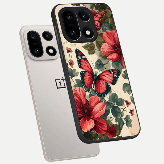 Crimson Butterfly Garden phone case For Oneplus 15 showing premium glass back cover with detailed artwork