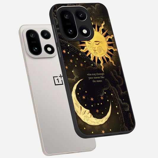 Golden Lunar Love phone case For Oneplus 15 showing premium glass back cover with detailed artwork