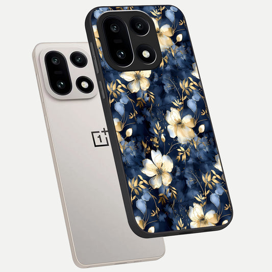 Golden Midnight Bloom phone case For Oneplus 15 showing premium glass back cover with detailed artwork
