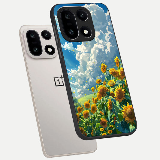Golden Sun Glory phone case For Oneplus 15 showing premium glass back cover with detailed artwork