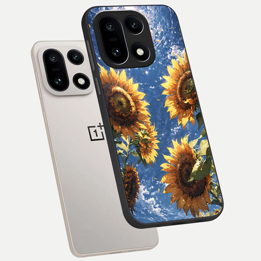 Heavenly Sunflower Rise phone case For Oneplus 15 showing premium glass back cover with detailed artwork
