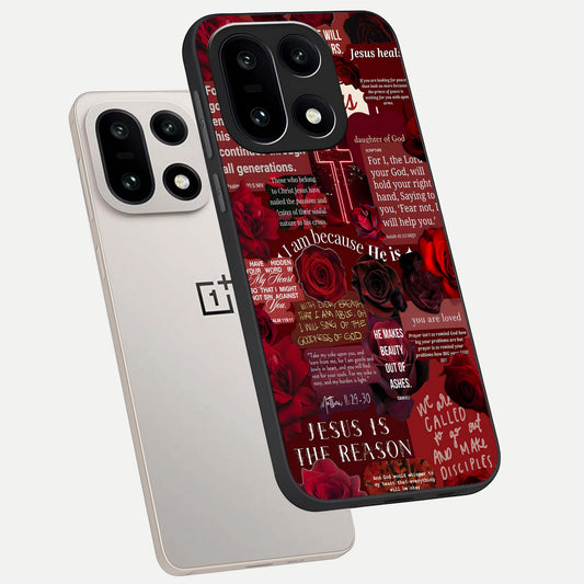 Jesus Love Heals phone case For Oneplus 15 showing premium glass back cover with detailed artwork