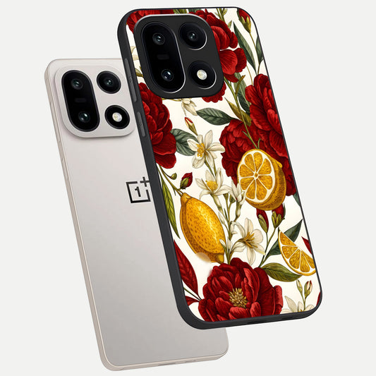 Lemon Rose Charm phone case For Oneplus 15 showing premium glass back cover with detailed artwork