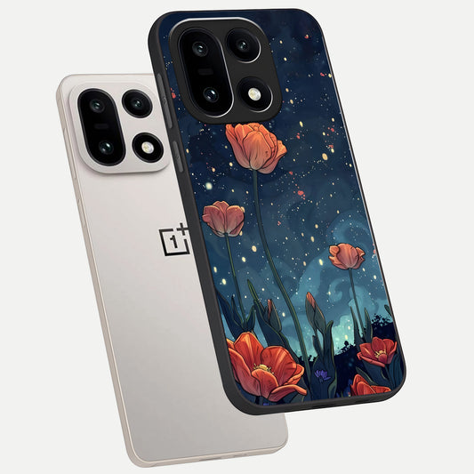 Midnight Tulip Glow phone case For Oneplus 15 showing premium glass back cover with detailed artwork