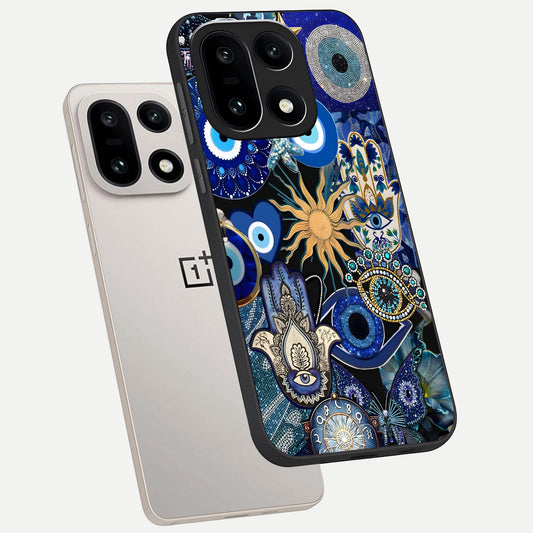 Mystic Blue Evil Eye phone case For Oneplus 15 showing premium glass back cover with detailed artwork