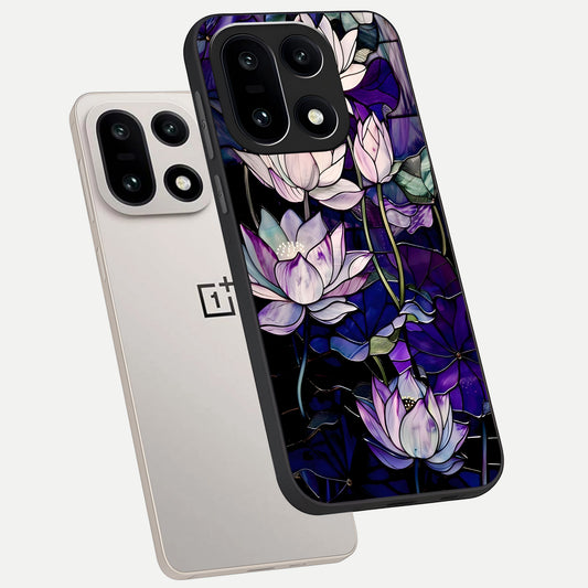 Purple Lotus Pattern phone case For Oneplus 15 showing premium glass back cover with detailed artwork