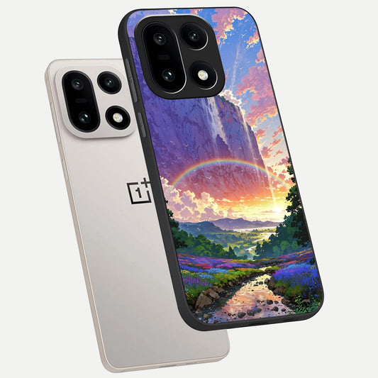 Rainbow Valley Dream phone case For Oneplus 15 showing premium glass back cover with detailed artwork