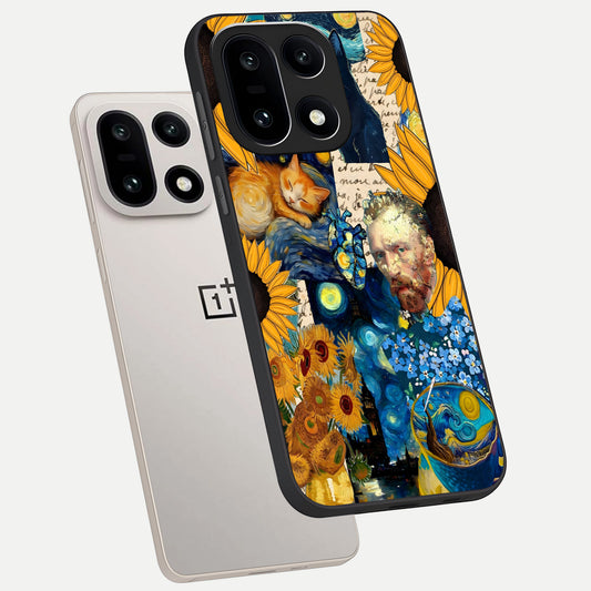 Sunflower Chic Mood Custom Name phone case For Oneplus 15 showing premium glass back cover with detailed artwork