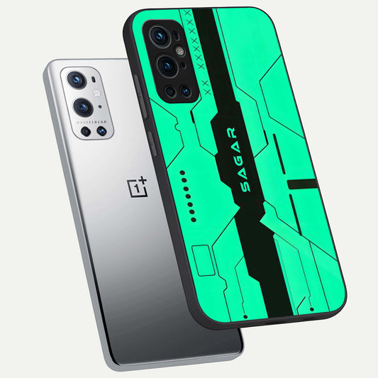 Aqua Tech CYBERPUNK Custom Name phone case For OnePlus 9 Pro showing premium glass back cover with detailed artwork