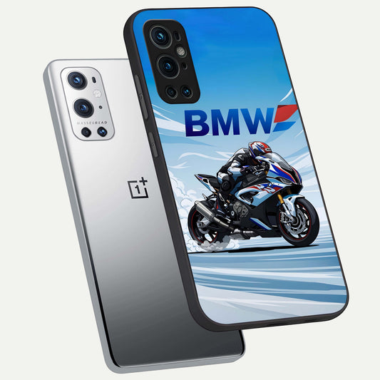 BMW Power Drift phone case For OnePlus 9 Pro showing premium glass back cover with detailed artwork