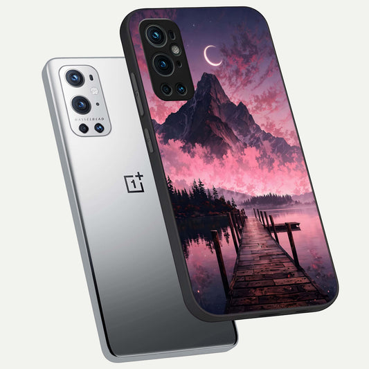 Beautiful Mountain View phone case For OnePlus 9 Pro showing premium glass back cover with detailed artwork