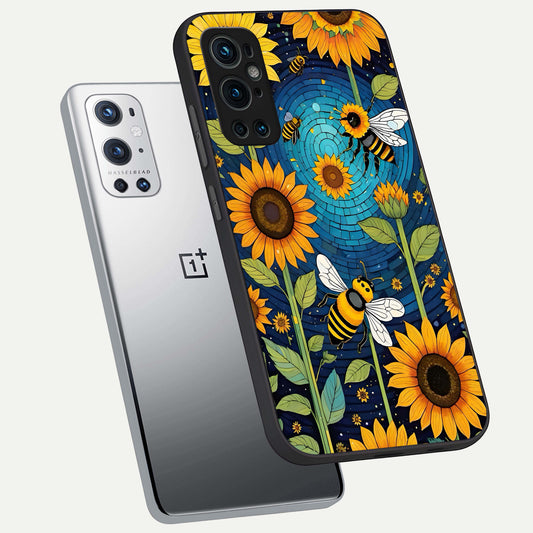 Bees And Sunflowers phone case For OnePlus 9 Pro showing premium glass back cover with detailed artwork