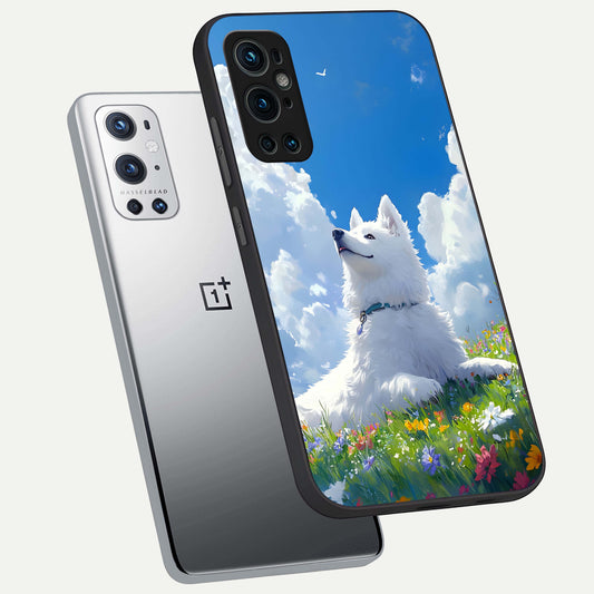 Blissful Cloud Pup phone case For OnePlus 9 Pro showing premium glass back cover with detailed artwork