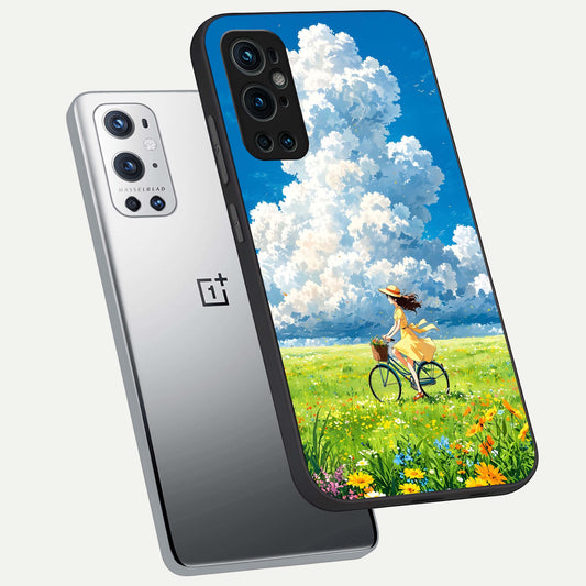 Breezy Meadow Ride phone case For OnePlus 9 Pro showing premium glass back cover with detailed artwork