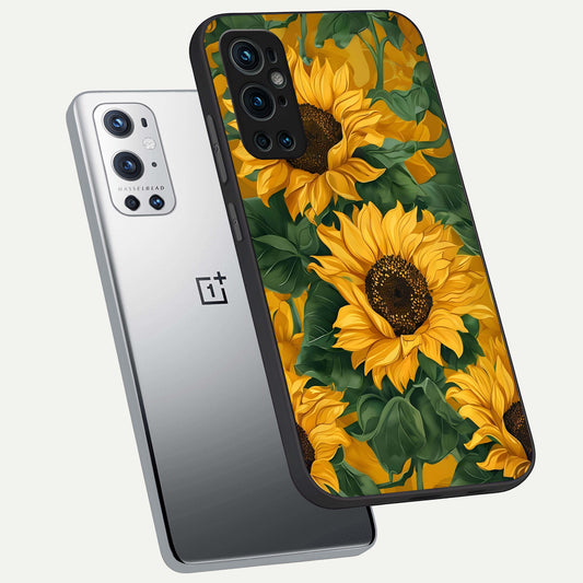 Bright Sunflower Bloom phone case For OnePlus 9 Pro showing premium glass back cover with detailed artwork