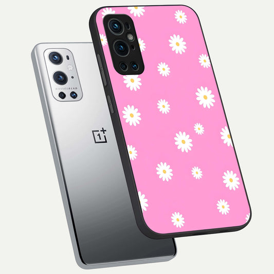 Bubblegum Daisy Pop phone case For OnePlus 9 Pro showing premium glass back cover with detailed artwork