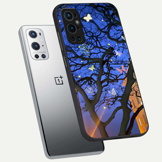 Butterfly Night Magic phone case For OnePlus 9 Pro showing premium glass back cover with detailed artwork