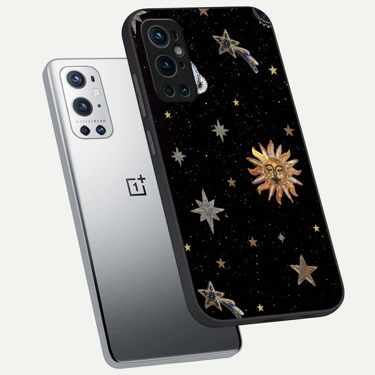 Celestial Moon With Stars phone case For OnePlus 9 Pro showing premium glass back cover with detailed artwork