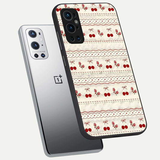 Cherry Bloom Charm phone case For OnePlus 9 Pro showing premium glass back cover with detailed artwork