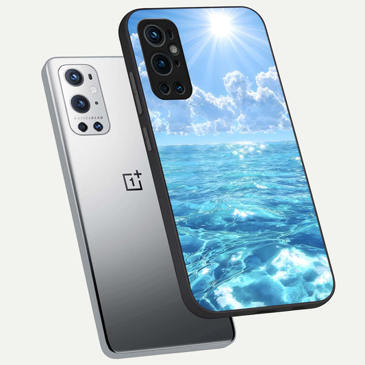 Endless Ocean Horizon phone case For OnePlus 9 Pro showing premium glass back cover with detailed artwork