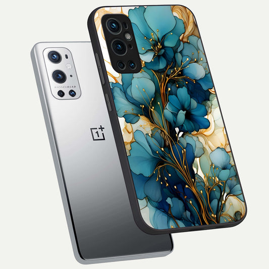 Golden Bloom Symphony phone case For OnePlus 9 Pro showing premium glass back cover with detailed artwork