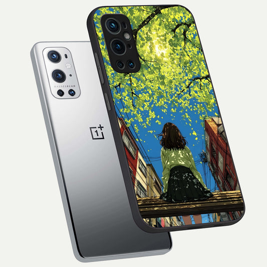 Golden Leaves Glow phone case For OnePlus 9 Pro showing premium glass back cover with detailed artwork