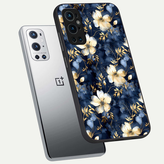 Golden Midnight Bloom phone case For OnePlus 9 Pro showing premium glass back cover with detailed artwork