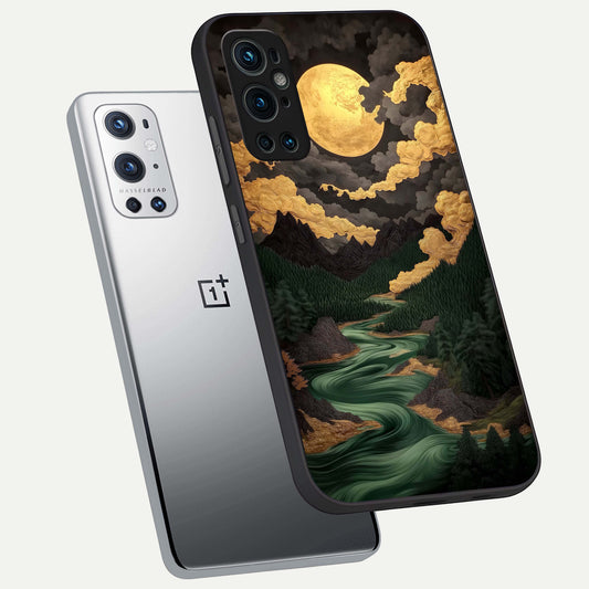 Golden River Moon phone case For OnePlus 9 Pro showing premium glass back cover with detailed artwork