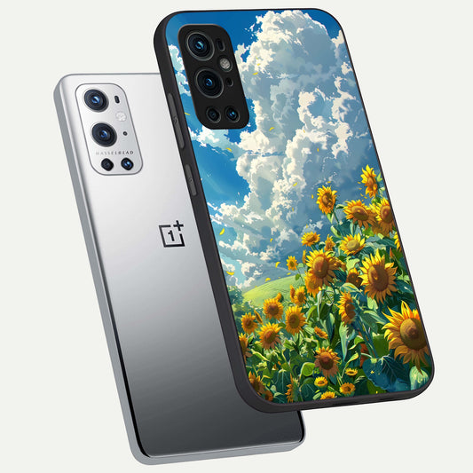 Golden Sun Glory phone case For OnePlus 9 Pro showing premium glass back cover with detailed artwork