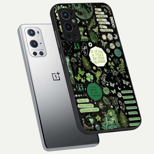 Green Mandala Pattern phone case For OnePlus 9 Pro showing premium glass back cover with detailed artwork
