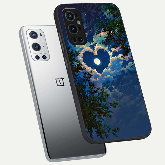 Heart With Moon Sky phone case For OnePlus 9 Pro showing premium glass back cover with detailed artwork