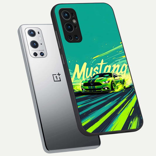 Mustang Bang phone case For OnePlus 9 Pro showing premium glass back cover with detailed artwork