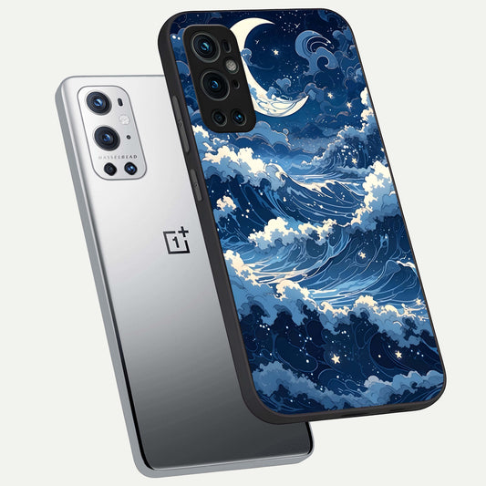 Ocean Moon Waves phone case For OnePlus 9 Pro showing premium glass back cover with detailed artwork