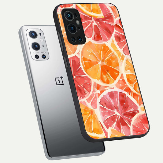 Orange Fruits Pattern phone case For OnePlus 9 Pro showing premium glass back cover with detailed artwork