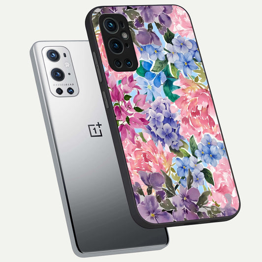 Pastel Floral Mix phone case For OnePlus 9 Pro showing premium glass back cover with detailed artwork