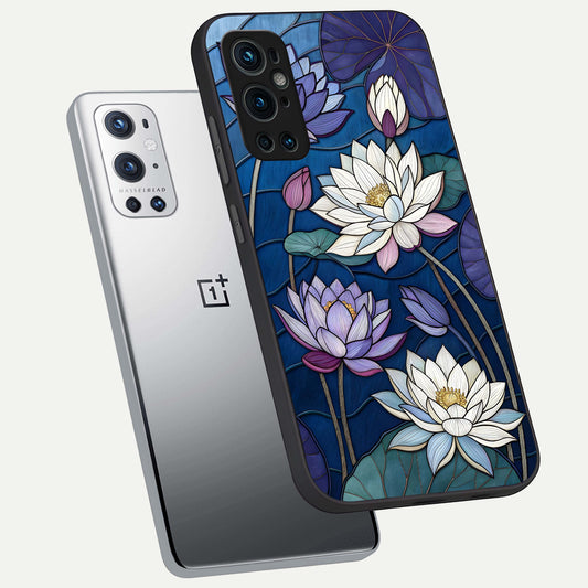 Purple Lotus Stained phone case For OnePlus 9 Pro showing premium glass back cover with detailed artwork