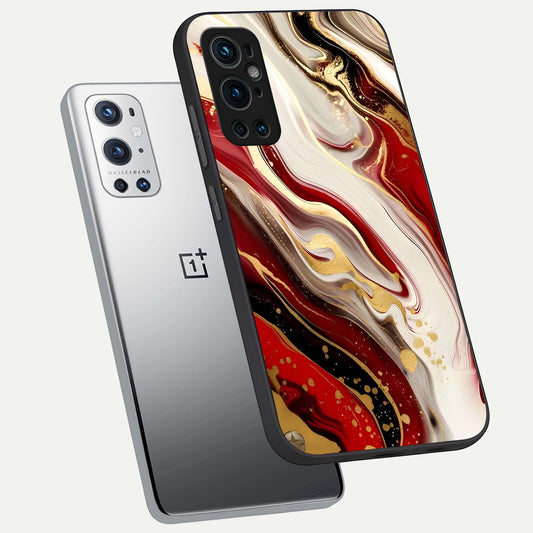 Red And White Marble phone case For OnePlus 9 Pro showing premium glass back cover with detailed artwork