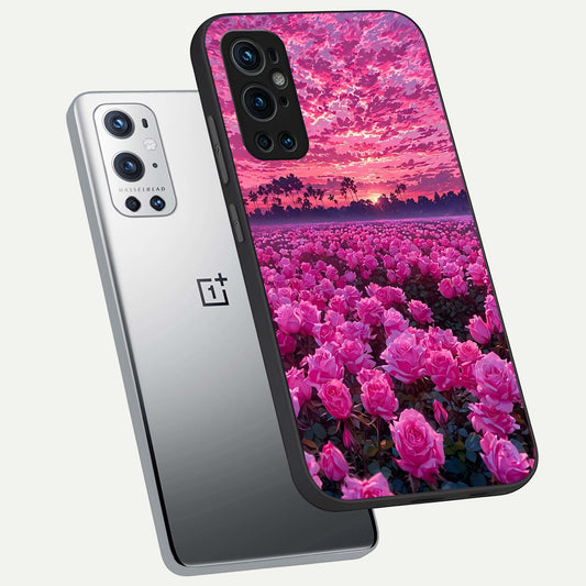 Rose Sunset Valley phone case For OnePlus 9 Pro showing premium glass back cover with detailed artwork