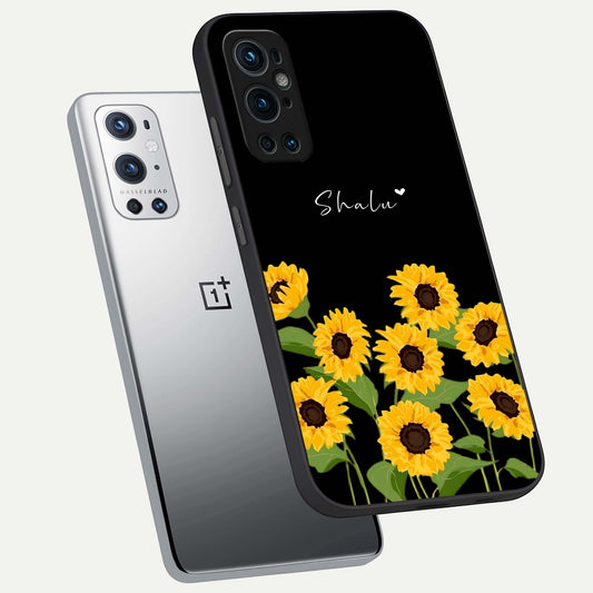 Sunflower Sky Bloom phone case For OnePlus 9 Pro showing premium glass back cover with detailed artwork
