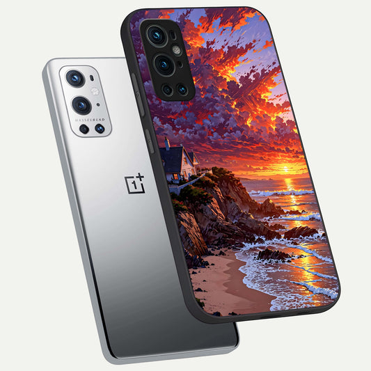 Sunset House By Sea phone case For OnePlus 9 Pro showing premium glass back cover with detailed artwork