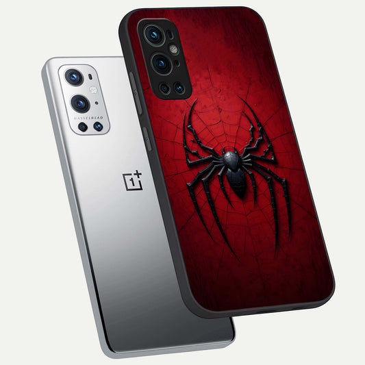 Superhero Web Emblem phone case For OnePlus 9 Pro showing premium glass back cover with detailed artwork