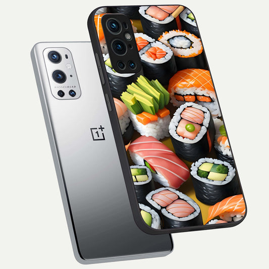 Sushi Food Pattern phone case For OnePlus 9 Pro showing premium glass back cover with detailed artwork