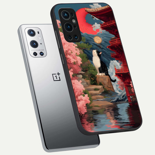 Temple Cat Scenery phone case For OnePlus 9 Pro showing premium glass back cover with detailed artwork